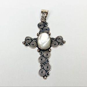 MWS Signed Silver Mother Of Pearl Cross Pendant